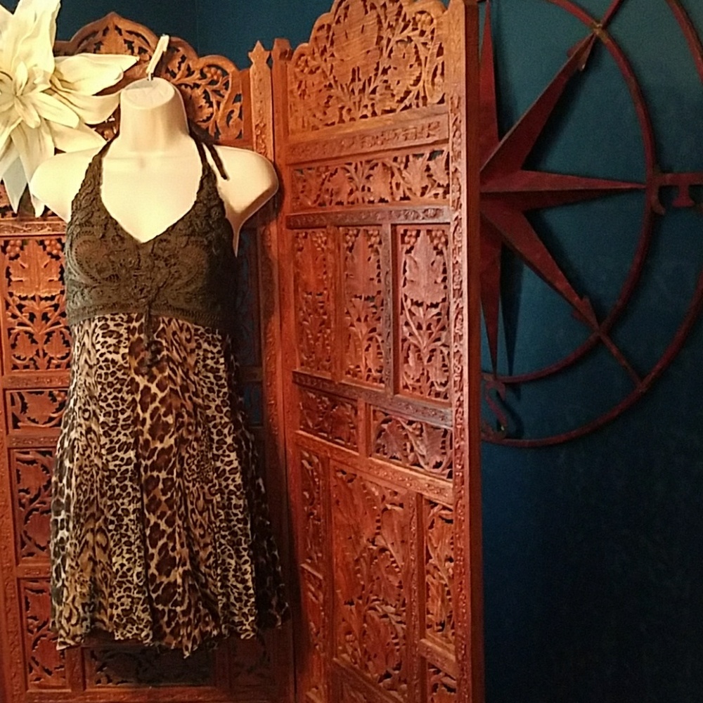 Cache crocheted lace animal print halter sundress